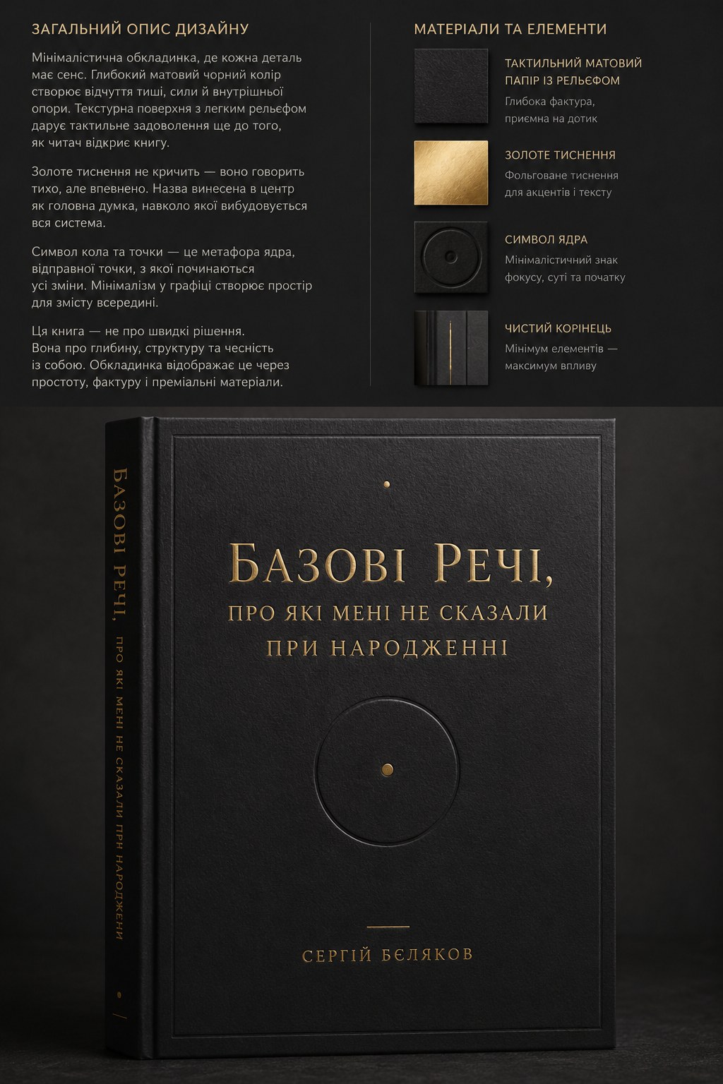 Дизайн обкладинки книги з чорним фактурним папером і золотим тисненням